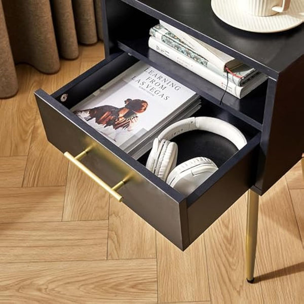 IBUYKE Nightstand, Mid-Century Modern Bedside Table with Legs, Minimalist and Practical End Side Table with 2 Tiers Storage Space, for Bedroom, Living Room, Black WNS004B