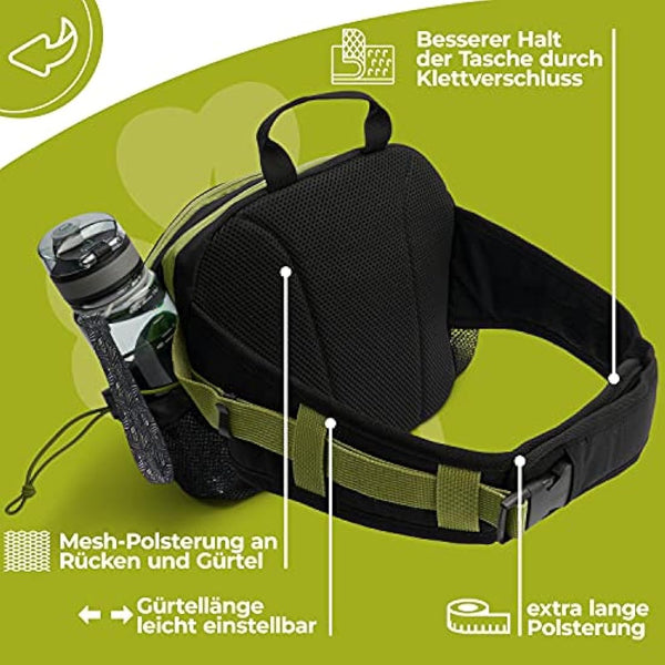 Jandiklee Large 9 Litre Waist Bag with Bottle Holder for Hiking, Cycling, Dog Training, Black Green Red, M
