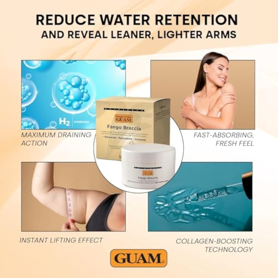 GUAM Seaweed Mud Arms Slimming Cellulite Cream – 250 ml Inner Arm Skin Firming Cream – Slimming & Draining Anti Cellulite Treatment – Improves Elasticity & Microcirculation + 10 Protective Arm Sleeves