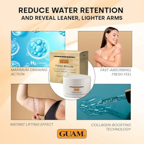GUAM Seaweed Mud Arms Slimming Cellulite Cream – 250 ml Inner Arm Skin Firming Cream – Slimming & Draining Anti Cellulite Treatment – Improves Elasticity & Microcirculation + 10 Protective Arm Sleeves