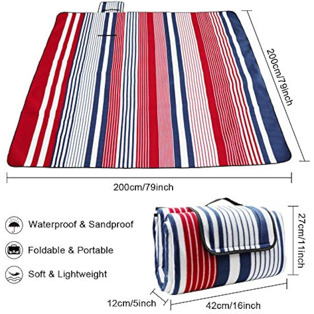 LIVEHITOP Fleece Picnic Blanket Waterproof Backing 200x200 cm - Portable Compact Thickening Extra Large Mat Rug for Camping BBQ Outdoor Indoor