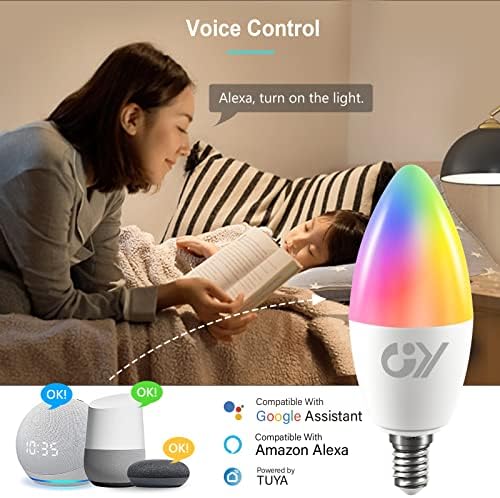 GY Smart Bulb C37 E14 Alexa Light Bulbs,6W 600lm 2700K-6500K RGB Dimmable Colour Changing Compatible with Alexa/Google Home 2.4 GHz WLAN,6 Packs