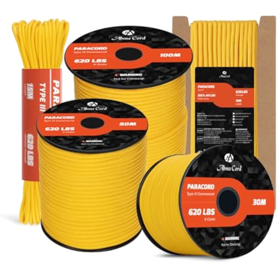 Abma Cord Paracord 4mm 100m 100% Nylon Rope 9 Strands Type III Parachute Cord for DIY, Camping, Survival, Outdoor - Max. 280kg - Golden Yellow