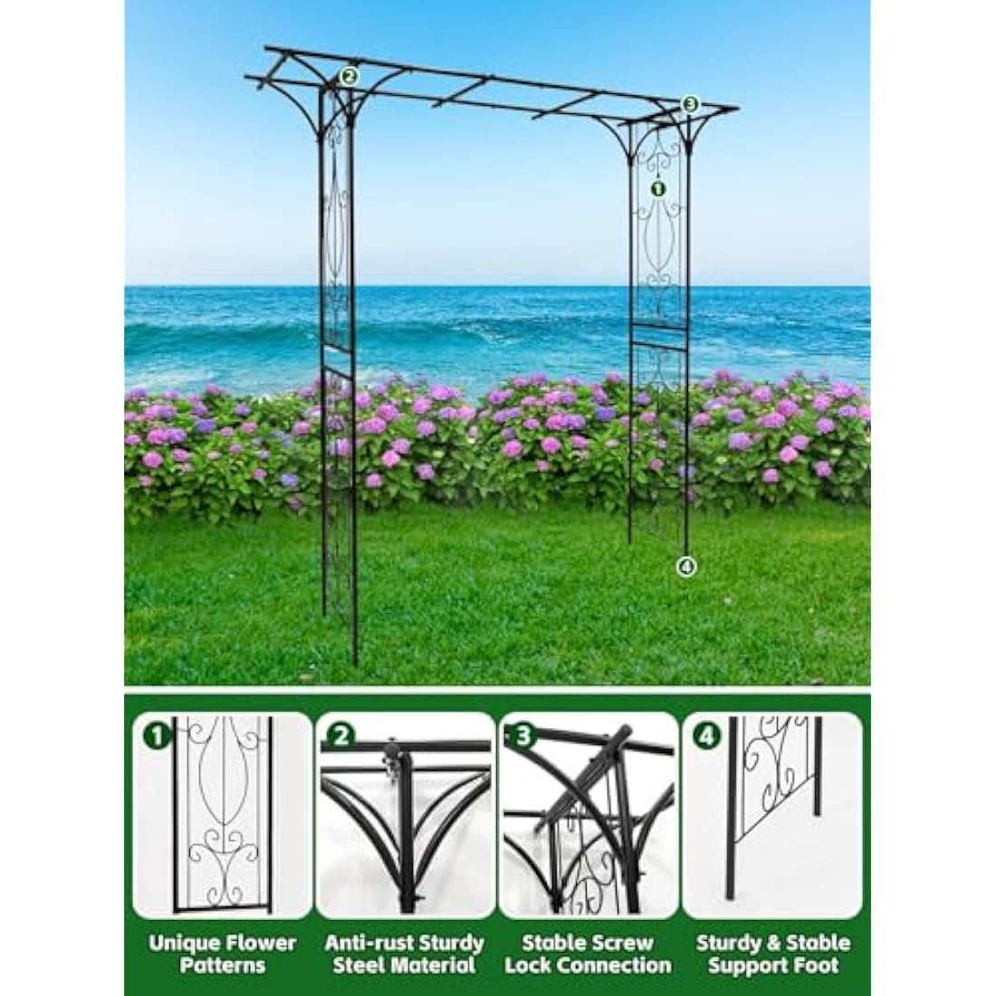 2 M Flat Top Garden Arch for Climbing Plant, Kalolary Heavy Duty Metal Garden Arch Arbor Wedding Trellis Archway Garden Tunnel Trellises Flower Vines Climbing Support for Lawn Backyard Patio Outdoor
