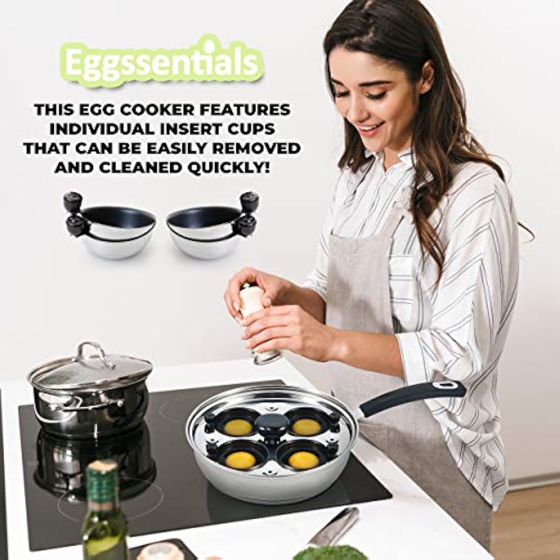 Eggssentials Poached Egg Maker - Nonstick 4 Egg Poaching Cups - Stainless Steel Egg Poacher Pan FDA Certified Food Grade Safe PFOA Free with Bonus Spatula