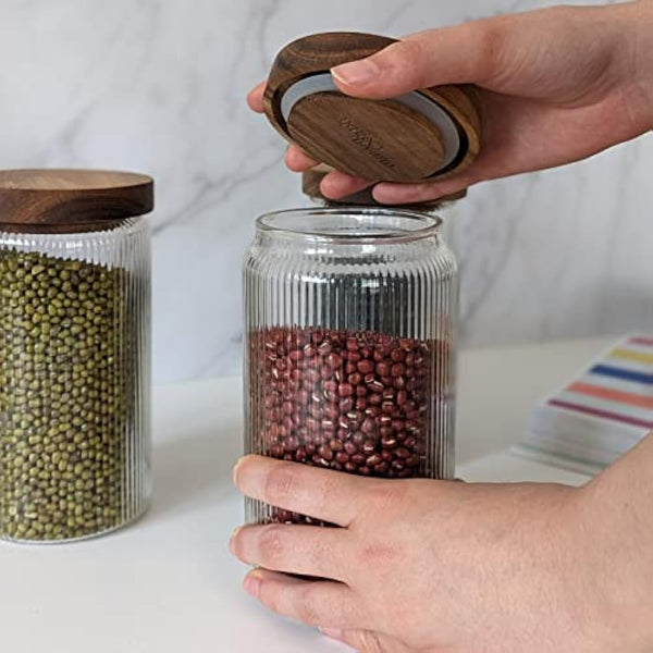 Mason & Fable Ribbed Glass Jar with Wooden Lid 800ml-Set of 3| Airtight Fluted Storage Canister for Food, Pasta, Coffee, Dog Treats, Snacks | Container for Home & Kitchen