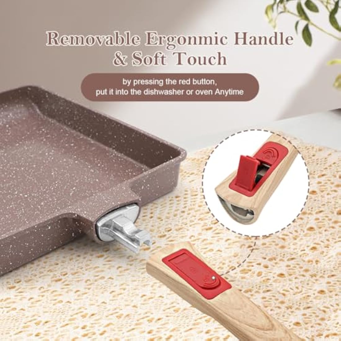 AIKENBBKK Ceramic Nonstick Tamagoyaki Pan, Japanese Omelette Pan Omelette Egg pan with Detachable Handle, Oven& Dishwasher Safe,19x16 cm (Brown)