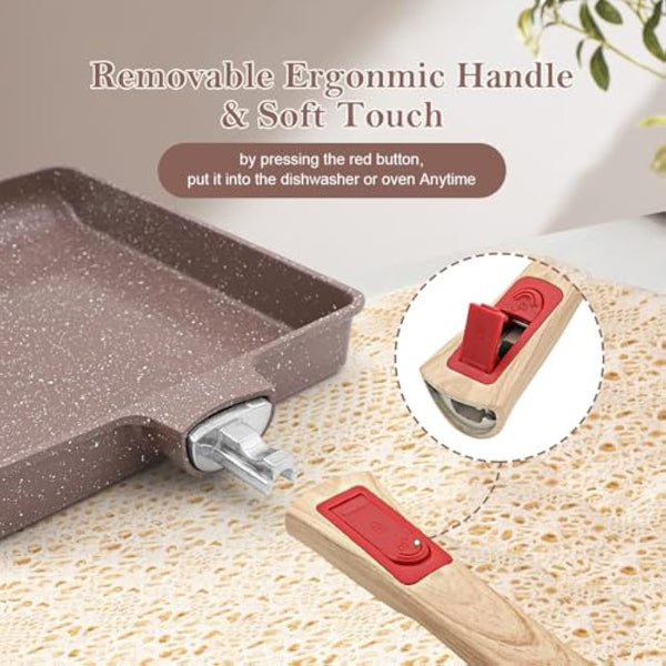 AIKENBBKK Ceramic Nonstick Tamagoyaki Pan, Japanese Omelette Pan Omelette Egg pan with Detachable Handle, Oven& Dishwasher Safe,19x16 cm (Brown)