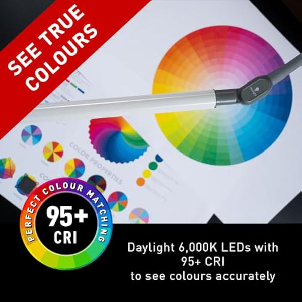 Daylight UnoPro Table - New, 6,000K LEDs, 1,150 Lux, 4 Brightness Levels, Anti-Glare Shade, Flexible Arm, Pivoting Head Joint - Ideal for Sewing, Reading, Crafts - White