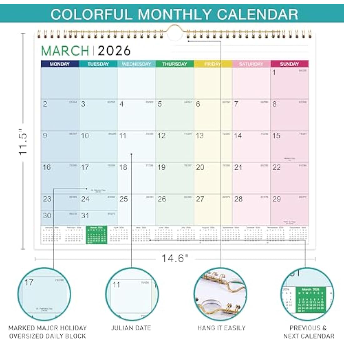 2025-2026 Calendar - Wall Calendar 2025-2026, 18 Month Calendar from Jul.25 - Dec. 26, 37 x 29 cm, Double Binding Hook, Large Mixed Color Right Angle Block