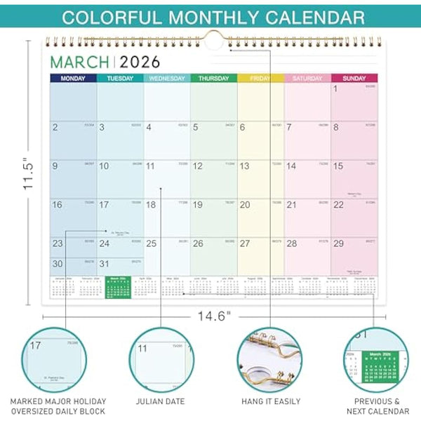 2025-2026 Calendar - Wall Calendar 2025-2026, 18 Month Calendar from Jul.25 - Dec. 26, 37 x 29 cm, Double Binding Hook, Large Mixed Color Right Angle Block