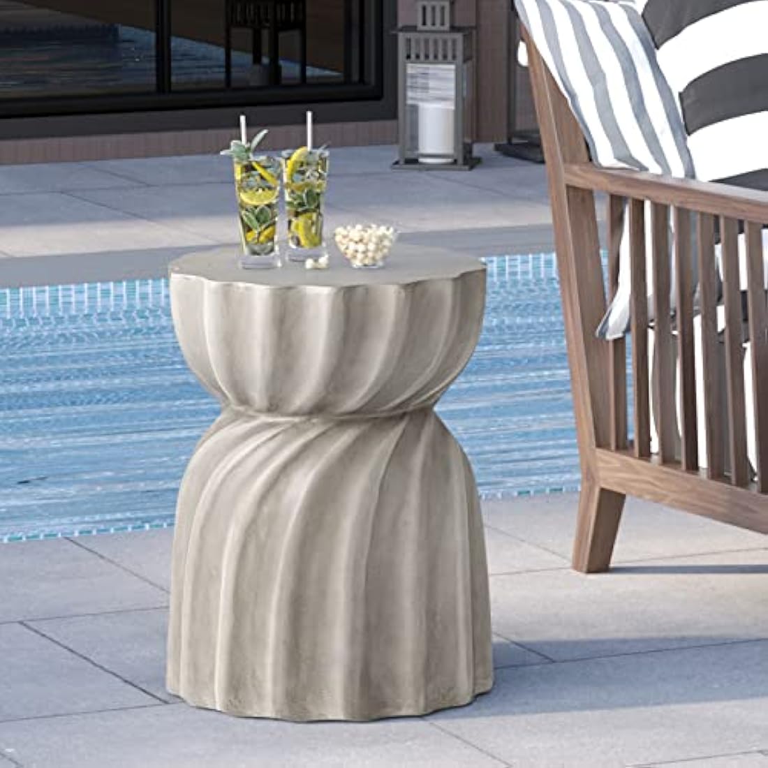 HOMPUS Unique Outdoor Concrete Side Table, Garden Stool, Round Patio MgO End Table, Lightweight Small Accent Table for Indoor Outdoor Use, Patio, Garden, Backyard, Natural Grey