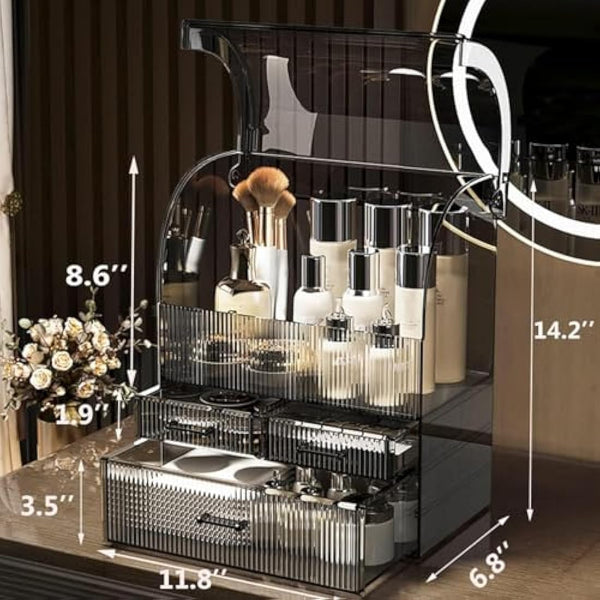 SIOOUI Acrylic Cosmetic Storage Organizer, High Capacity Cosmetics Storage Display Case with Drawers, Perfume Makeup Organizer Box with Water Proof Cover for Bedroom Vanity Desk, Bathroom(Black-XL)