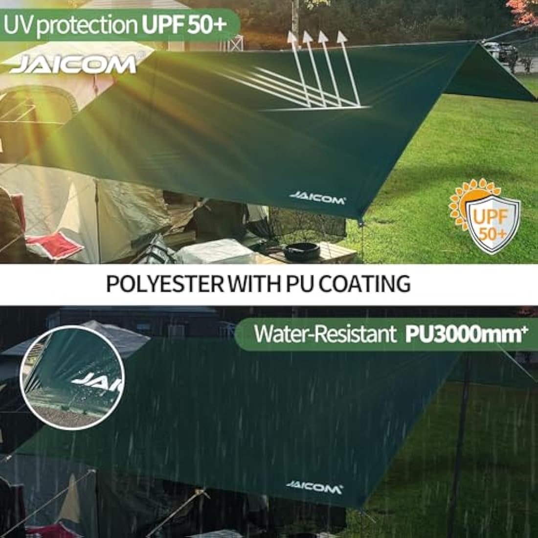 JAICOM 3 x 5m Waterproof PU3000mm-Anti-UV Camping Tarp, Green, Polyester, TARP, Tarp, For Camping, Picnic, Beach