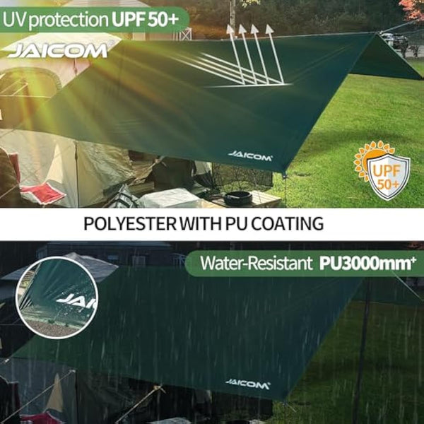 JAICOM 3 x 5m Waterproof PU3000mm-Anti-UV Camping Tarp, Green, Polyester, TARP, Tarp, For Camping, Picnic, Beach