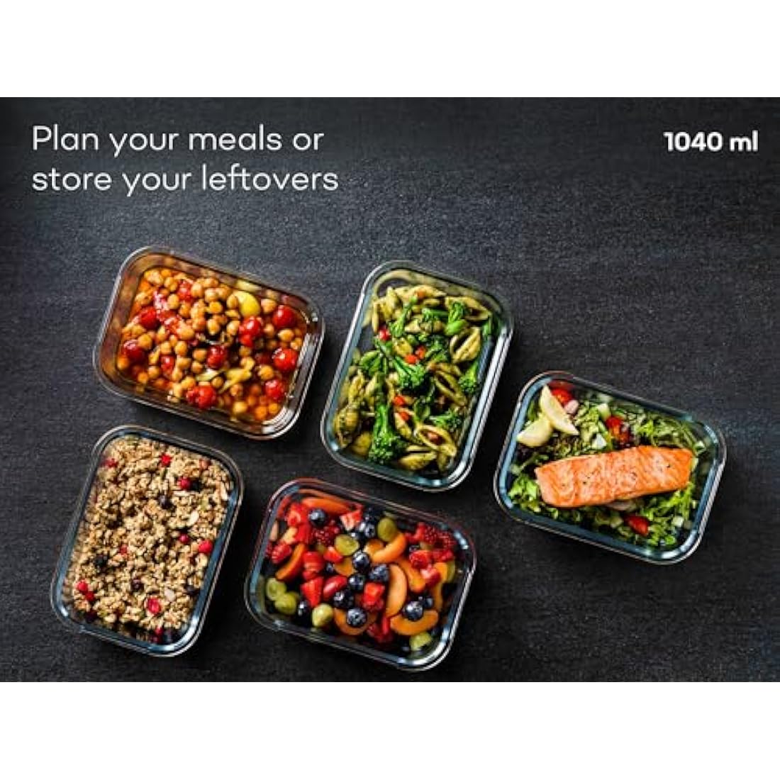 Franklin Lade Glass Food Storage Containers | 5 Piece Set 1040ml | BPA-Free Airtight LeakProof Lids | Food Containers | Glass Containers with Lids | Microwave, Oven, Freezer & Dishwasher Safe