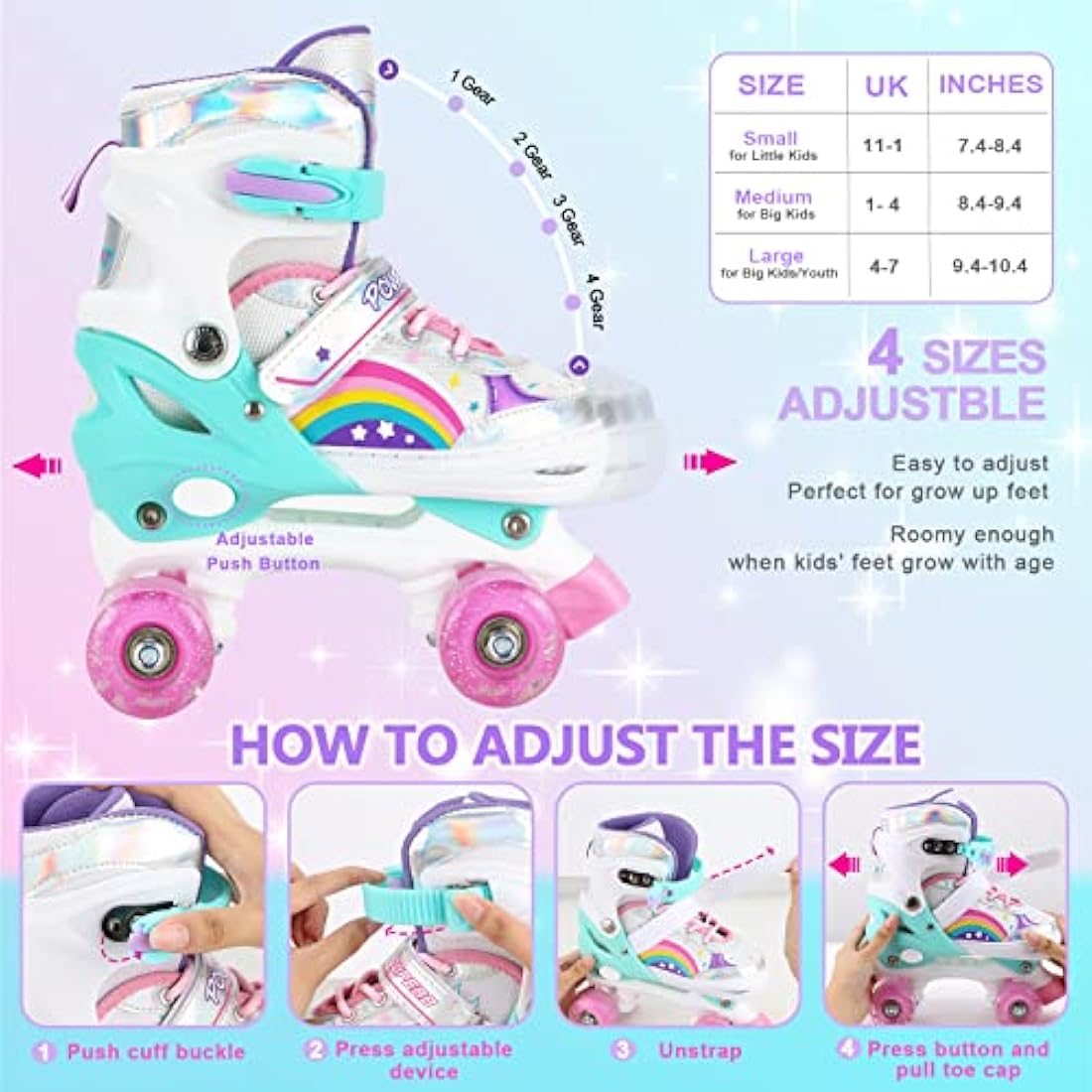 Adjustable Kids Roller Skates for Girls Children Beginners, 4 Sizes Adjustable Roller Skates Rainbow Color for Toddler Little Kids Child with All Wheels Light Up