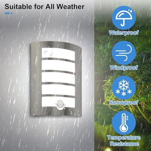 Allesgute Outdoor Wall Lights with PIR Motion Sensor, Curved Outside Lights Mains Powered Stainless Steel IP44 Waterproof Wall Lamp Incl. 1x 12W E27 Bulbs Cool White 6000K