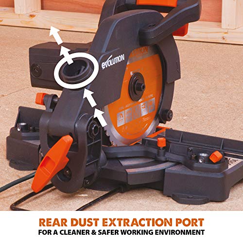 Evolution Power Tools R210CMS Compound Miter Saw Multi-Material Cutting TCT Blade Included Cuts Wood Metal Plastic & More, 45° - 45° Degree Miter & 45˚ Degree Bevel Angles, 1200W, 210mm