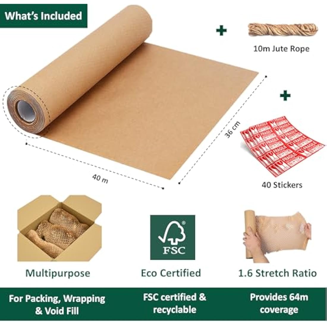 ecoTru UK Honeycomb Packing Paper 36cm x 40m, British Brand Bubble Wrap for Moving House Essentials, Small Business Packaging for Shipping Wrapping & Void Fill, Recyclable & Biodegradable