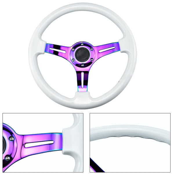350mm Green Racing Steering Wheel Neo Chrome Spoke Universal 6 Bolts 45mm Deep Dish Classic ABS Wood Steering Wheel with Horn Button