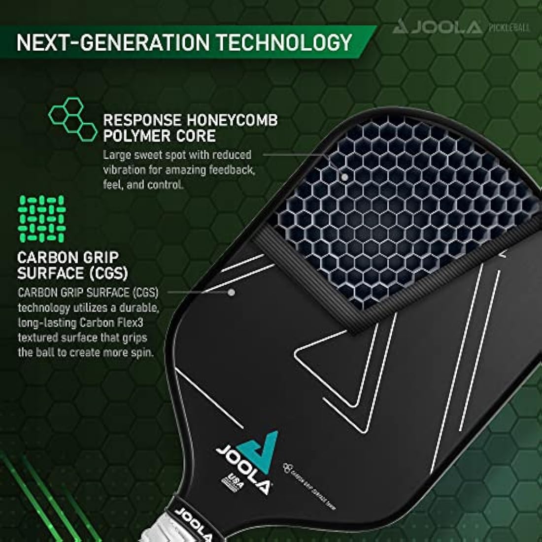 JOOLA Vision Pickleball Paddle with Textured Carbon Grip Surface Technology for Maximum Spin and Control with Added Power - Polypropylene Honeycomb Core Pickleball Racket Available in 14mm and 16mm