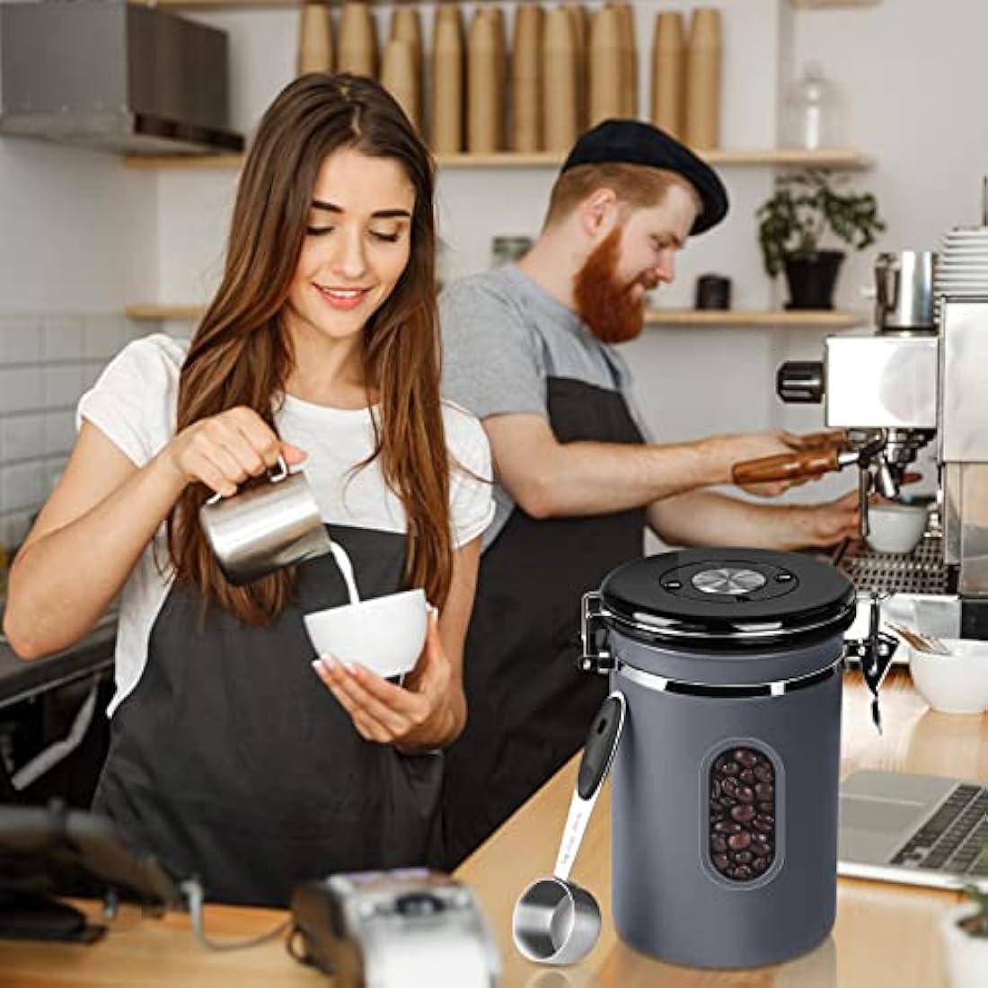 2800ML Airtight Coffee Canister with Date Tracker and Transparent Window, 35OZ Coffe Beans Storage with 30ML Measure Spoon&4 co2 Valve, Coffee Container for Grounds Coffee, Beans, Tea, Sugar&Flour