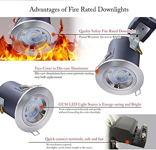 4XSweier 90 Minute Fire Rated GU10 LED Downlight, IP20 Recessed Ceiling Lights, 5W 3000K Warm White Spotlight Satin Nickel.