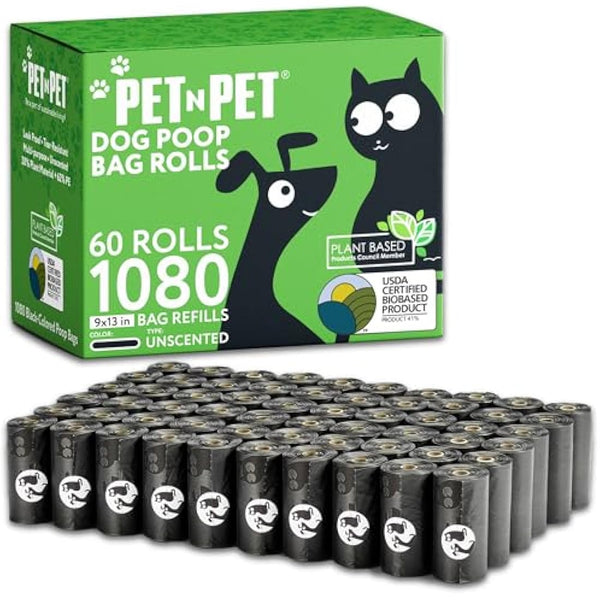 PET N PET 1080 Count Biodegradable Poo Bags Dogs USDA Certified 38 percent Biobased 72 Thick Dog Poop Bags Rolls 9x13 Leak-Proof Black Unscented