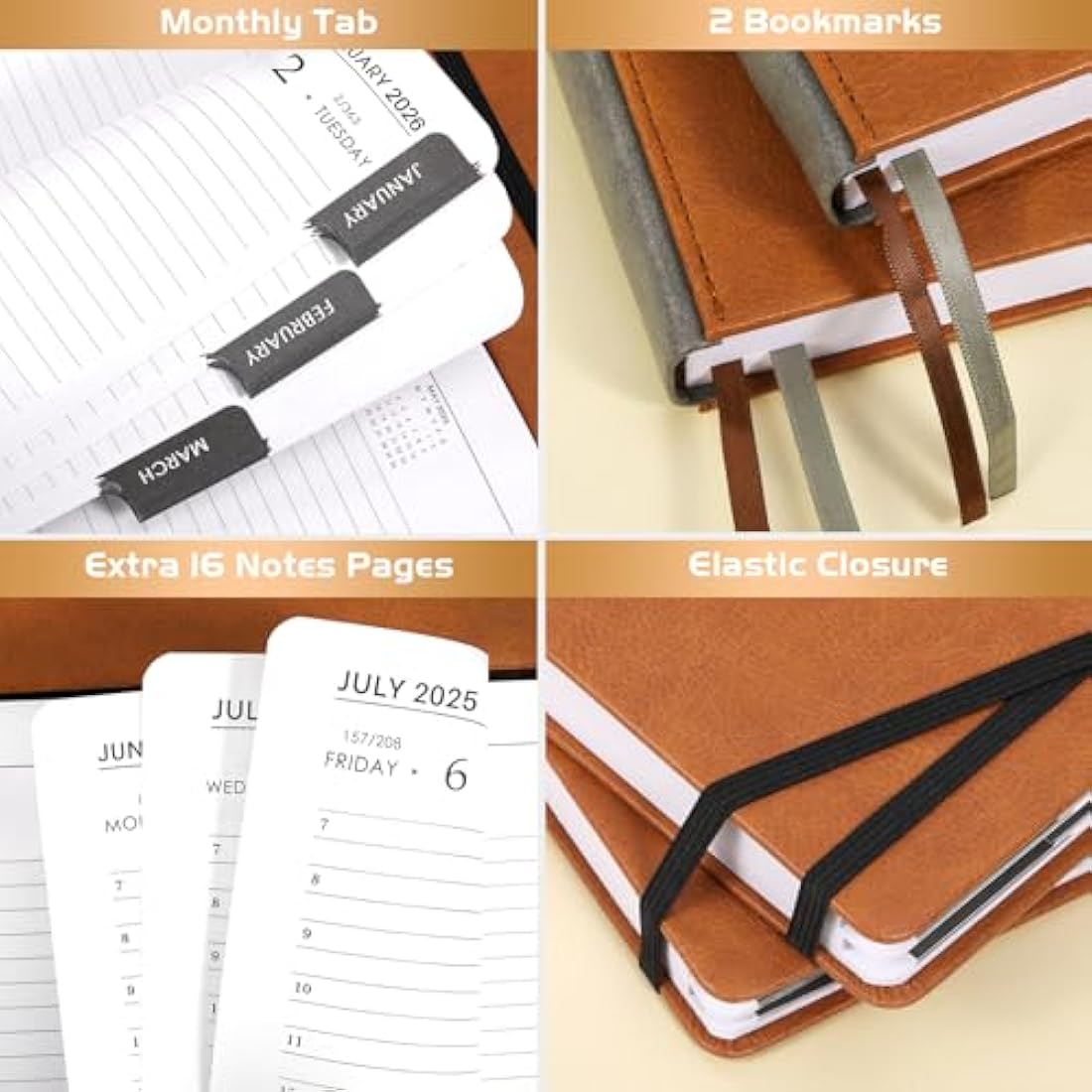 Academic Diary 2025-2026 - A5 diary 2025-2026 day per page from Jul. 2025 to Jun. 2025, Productivity planner 2025-2026 with Monthly Tabs, 14.8cm × 21.4cm - Brown