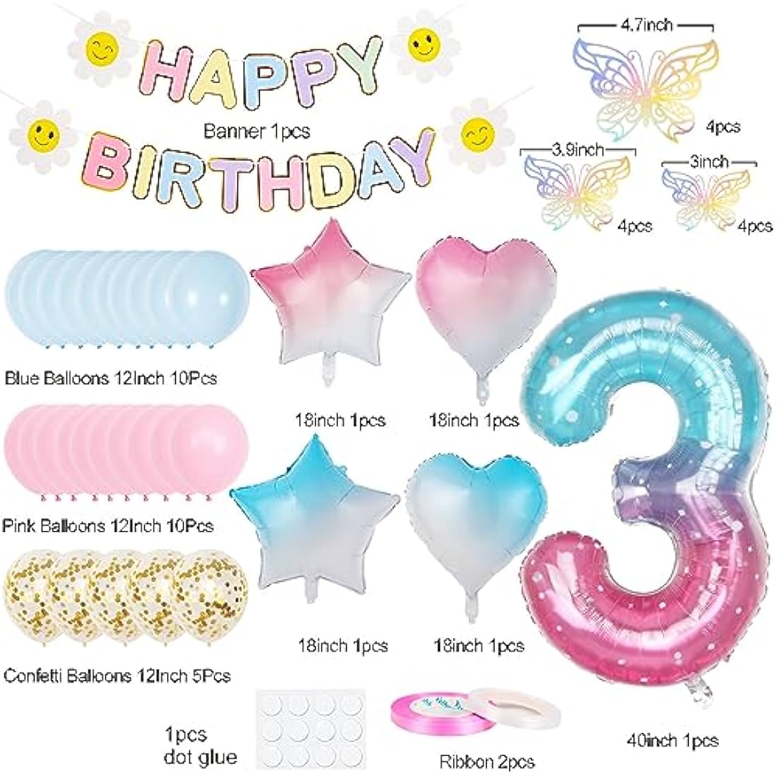 3rd Birthday Decorations for Girls, Gradient Color 40 Inch Age 3 Foil Birthday Balloons with Happy Birthday Banner and Butterfly Stickers, for Baby Shower, Girls Boys Birthday Party