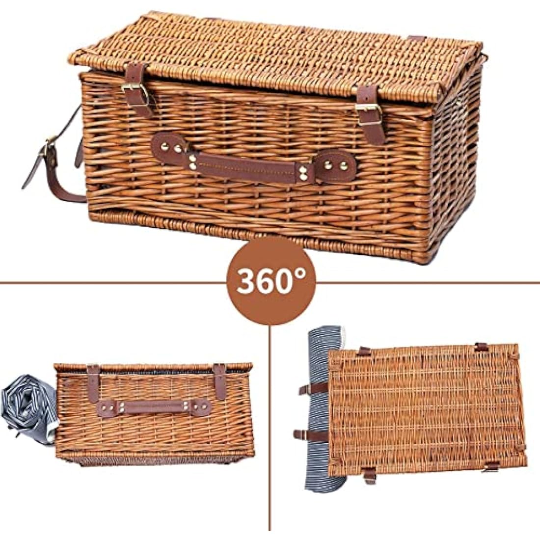 Picnic Basket for 4 Wicker Picnic Set with Large Insulated Cooler Compartment & Waterproof Blanket & Cutlery Service Kit Retro Classic Willow Picnic Hamper Set for Camping Outdoor Party