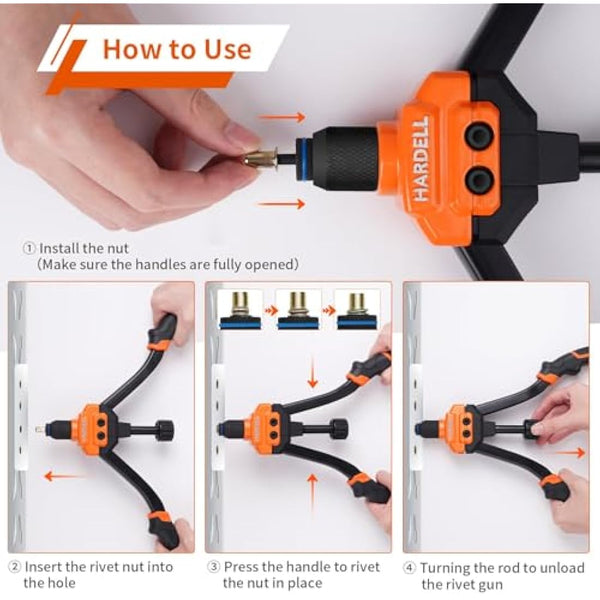 HARDELL Rivet Nut Tool, 14" Rivnut Tool with 100 Pcs Rivet Nuts and 7 Metric & Inch Mandrels M6 M8 M10, 1/4-20, 5/16-18, 3/8-16, 10-24 and Rugged Carrying Case