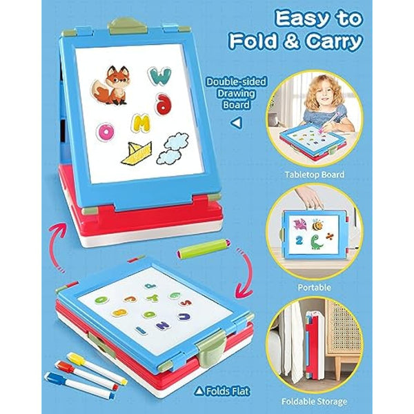 Elovien Easel Kids, 4 in 1 Double Sided Toddler Art Easel with Chalkboard & Magnetic Whiteboard, Foldable Kids Tabletop Easel with Drawing & Writing Accessories - Gift for Boys and Girls (Blue)