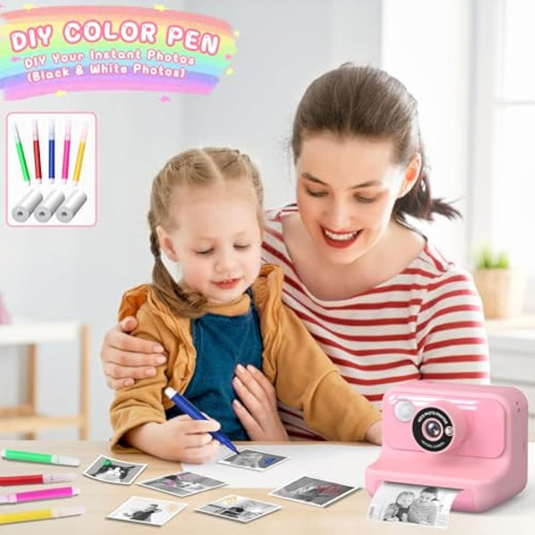 Hangrui Kids Camera Instant Print, 2.4'' Instant Camera for Kids, 1080P Children Cameras with 32GB Card & 3 Rolls Photo Paper, Christmas Birthday Gifts Toys for Girls & Boys Aged 3-12 -Pink