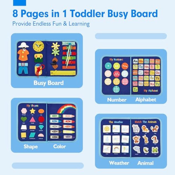 hahaland Montessori Busy Board for Children of 3+ Years Old, Activity Sensory Book Offers Preschool Educational Skill Learning, Quiet Travel Toys for Plane Car, Birthday Gifts for Boys- Blue Dinosaur