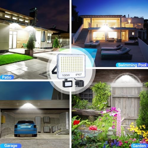 TASINUO 100W Security Lights Outdoor Motion Sensor 2 Pack, 10000LM LED Floodlight with PIR, IP67 Waterproof Flood Lights Outdoor Motion Sensor for Garden Patio Yard