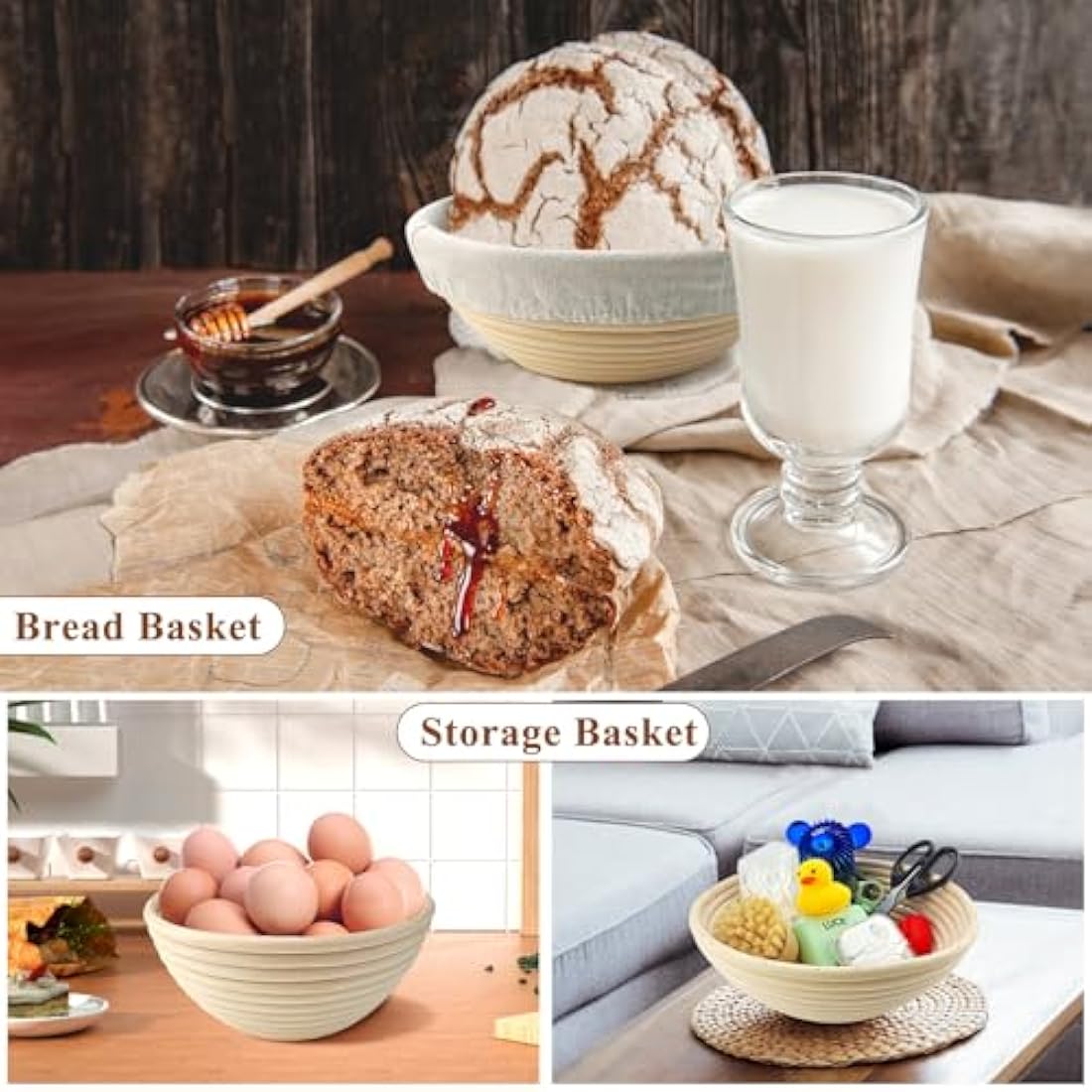 Banneton Bread Proofing Basket Set for Sourdough Bread Baking: 23cm Round & 25cm Oval Rattan Proving Bowls with Liner, Bread Lame, Dough Scraper, Brush, Baking Gifts for Professionals and Home Bakers