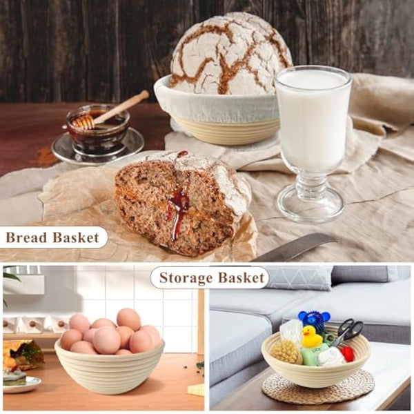 Banneton Bread Proofing Basket Set for Sourdough Bread Baking: 23cm Round & 25cm Oval Rattan Proving Bowls with Liner, Bread Lame, Dough Scraper, Brush, Baking Gifts for Professionals and Home Bakers