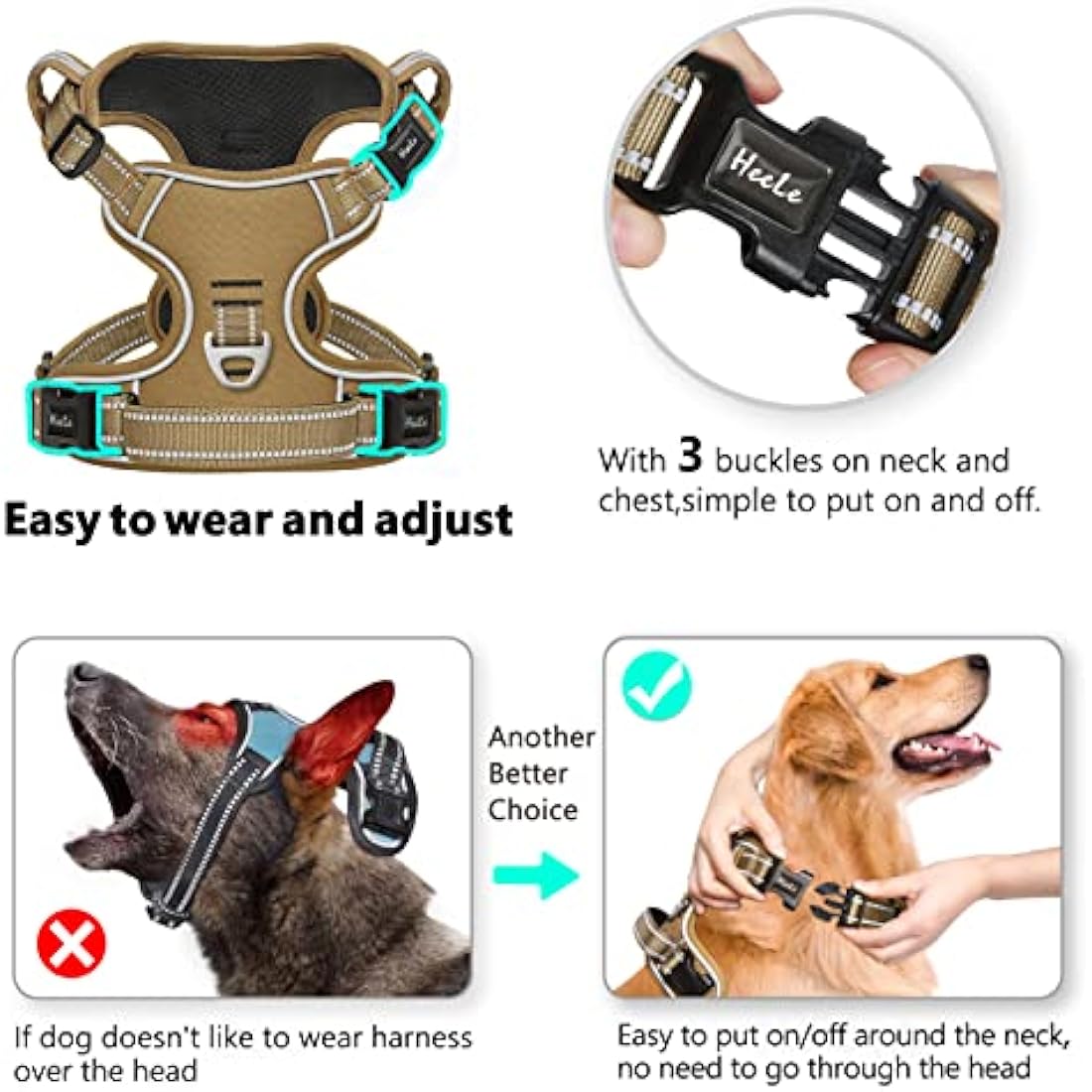 HEELE Dog Harness, No Pull Dog Harness Small, Release on Neck, Front Back Clips Dog Vest Harness Reflective Adjustable Padded, Easy Control Handle for Outdoor Walking Training, Bronze, XS