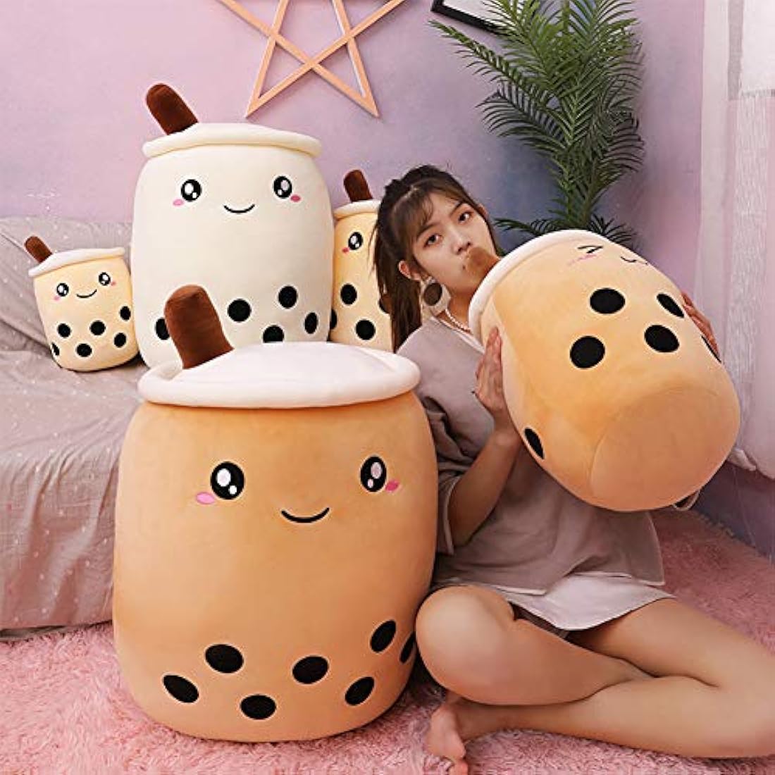 AMOZO Cute Cartoon Boba Milk Tea Soft Plush Doll, Giant Boba Bubble Plushie Stuffed Tea Cup Pillow Gift Toys(Coffee,35cm)