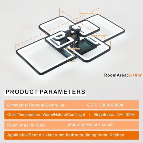 HIHIHOMY Ceiling Light Dimmable, Modern LED Black Living Room Lamp 78 W 6 Rectangle Geometric Living Room Ceiling Light Multifunctional Ceiling Lighting for Bedroom, Office, Balcony [Energy Class F]