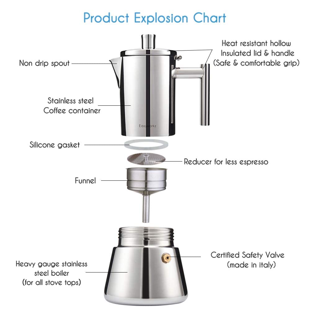 Easyworkz Diego Stovetop Espresso Maker Stainless Steel Italian Coffee Machine Maker 4cup 200ml Induction Moka Pot