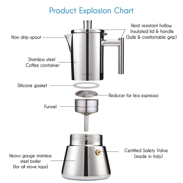 Easyworkz Diego Stovetop Espresso Maker Stainless Steel Italian Coffee Machine Maker 4cup 200ml Induction Moka Pot