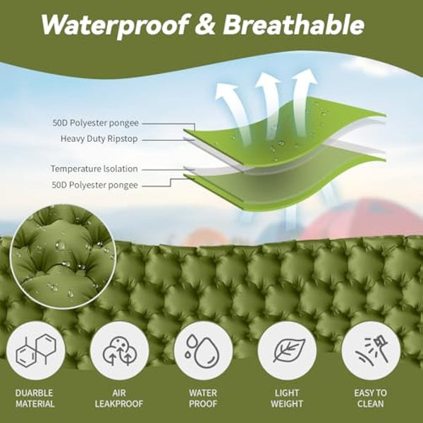 HiiPeak Camping Sleeping Pad, Ultralight Camping Mat with Pillow Built-in Foot Pump Inflatable Sleeping Pads Compact for Backpacking Hiking Traveling Tent (Double Green)