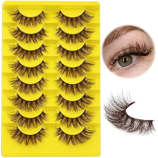 ALICE Brown Lashes False Lashes Natural Look 17mm Eyelashes Cat Eye Faux Mink Lashes with Clear Band Wispy Fake Eyelashes Lash Strips 8 Pairs