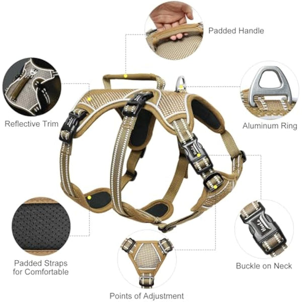 HEELE Escape Proof Dog Harness - No Pull Reflective Adjustable Vest with Durable Handle, Ideal for Large/Active Dogs, Brown