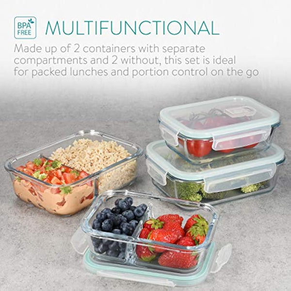 Navaris Glass Food Container Set - Mixed Set of 4 Storage Containers with Lids - Airtight, Leakproof, Oven, Microwave, Freezer and Dishwasher Safe