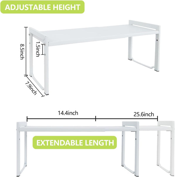 Goodsnetic 2 Packs Expandable Cabinet Shelf 13.8~26"(L), Stackable Kitchen Counter Shelf Organizer, 33LBS Heavy Duty Shelf Riser, Countertop Storage