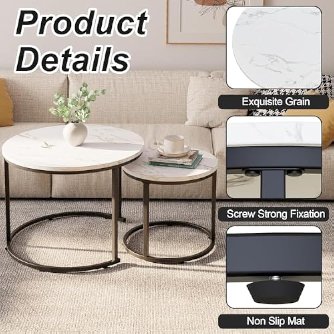 Huhote Round Coffee Tables, Set of 2 End Table, Nesting Tables, Side Table with Metal Frame for Living Room/Bedroom/Balcony/Office/Apartment, Diameter 23.6/15.7 IN (Black Frame, White Marble Top)